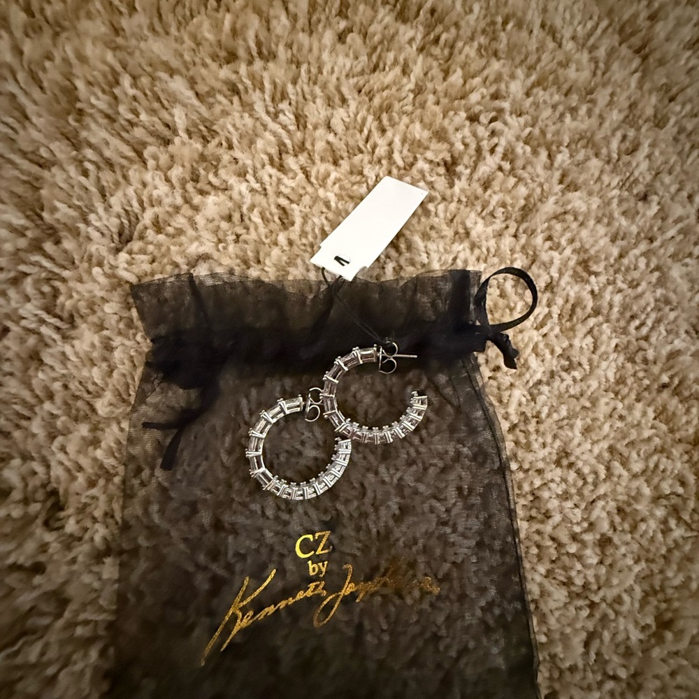 Kenneth Jay Lane Silver Crystal Baguette Hoop Earrings